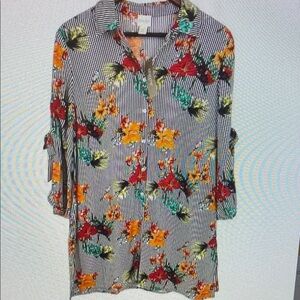 NEW MSRP $89 Chicos 1 Medium Tropical Tunic 3/4 Sleeve Blouse Shirt Top Beach